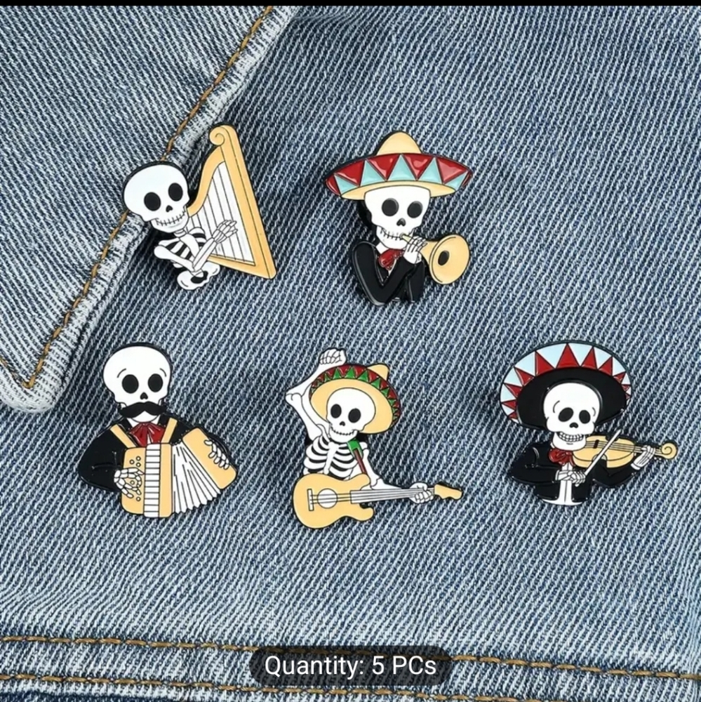 5-pcs Band Music Skull Brooches, Band  Guitar Violin Enamel Pin, Metal Badges